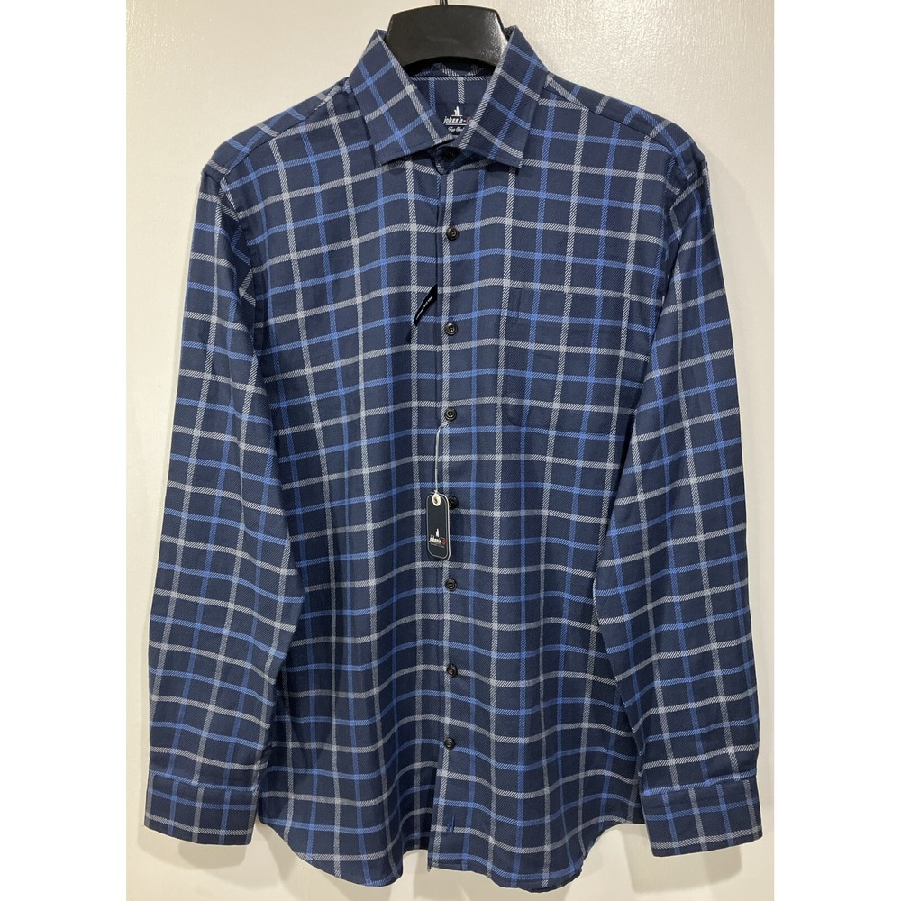 johnnie-O Fayette Button Up Shirt Wake Checked Cotton Blue Medium NWT $168